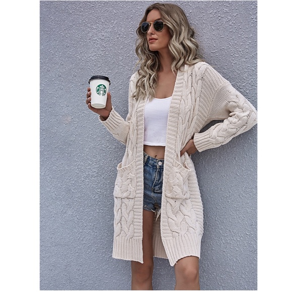 Cream Cable Knit Front Pocket Long Cardigan - Picture 5 of 12